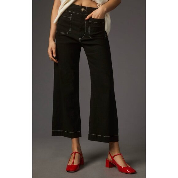 Anthropologie Colette Contrast-Stitch Cropped Wide-Leg Pants Maeve 25 Black NEW